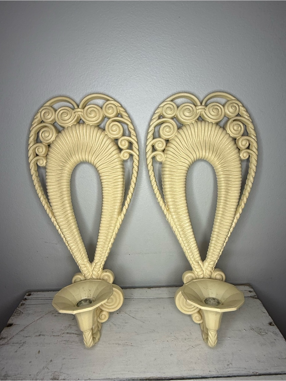 VTG Burwood Pair White Plastic Wicker Rattan Wall Sconce Candle Holder MCM Boho